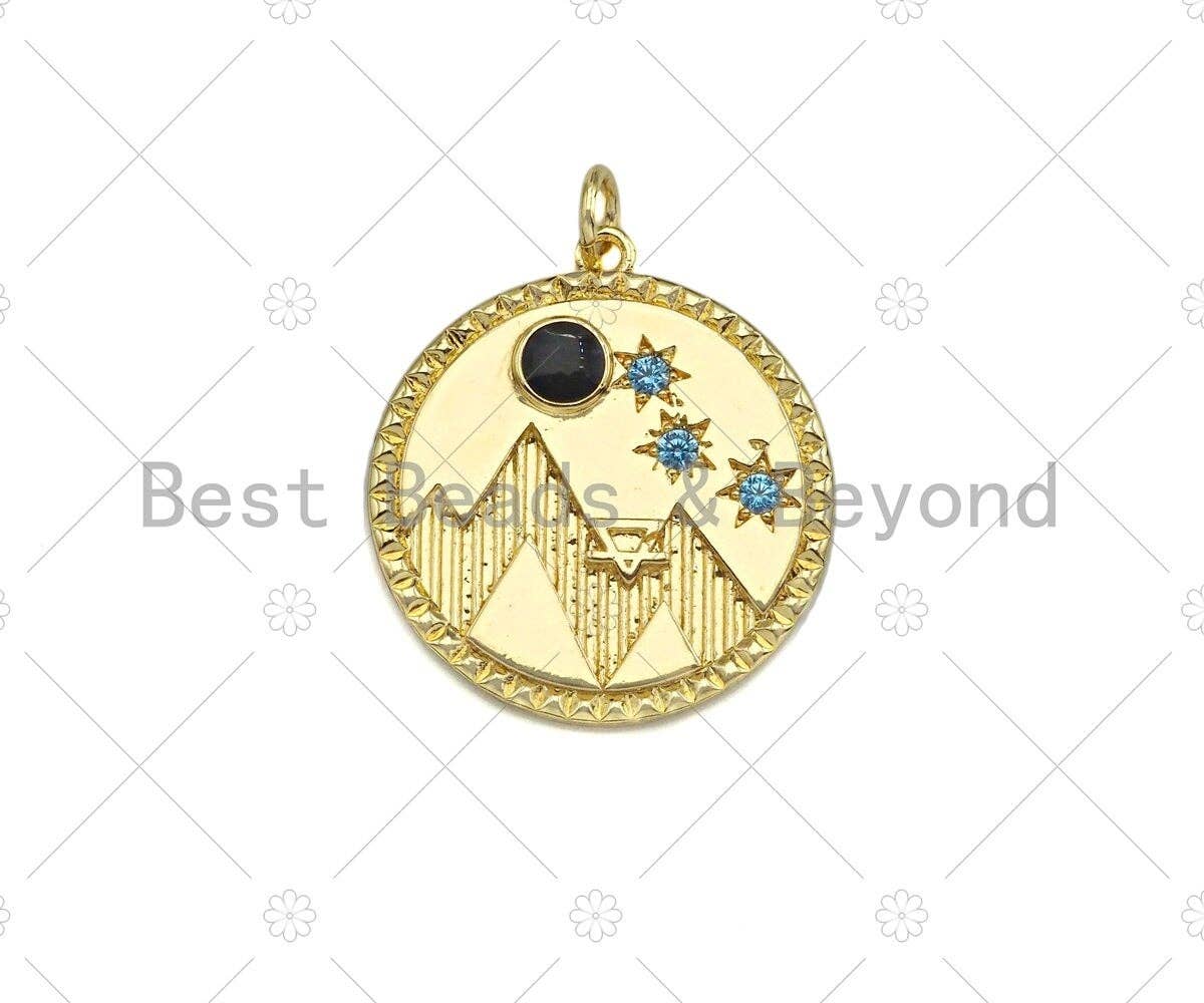 CZ Micro Pave Moutain Star Moon On Round Coin Pendant,Cubic Zirconia Silver/Gold Charm, Necklace Bracelet Charm Pendant, 22x25mm, Sku#L540