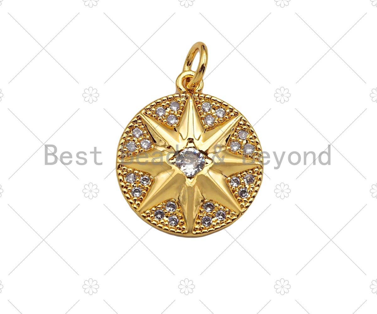 CZ Micro Pave North Star On Round Coin Pendant Charm, Bracelet Necklace CZ Star Pendant Charm, Silver/Gold /Rose Gold Tone,15x18mm,Sku#Y385