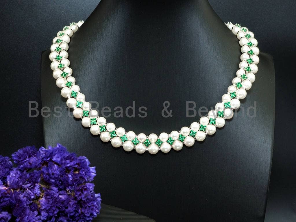 Green Cubic Zirconia& Mother of pearl necklace and bracelet set, Pearl Jewelry set, Bridal Jewelry, Double Strand Statement Jewelry, SKU#P17
