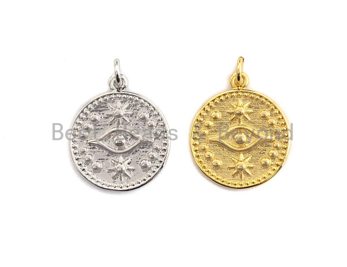 Round Evil Eye on Disc Pendant, Embossment Brass Pendant, Silver/Gold Tone,18x20mm, Sku#Z413