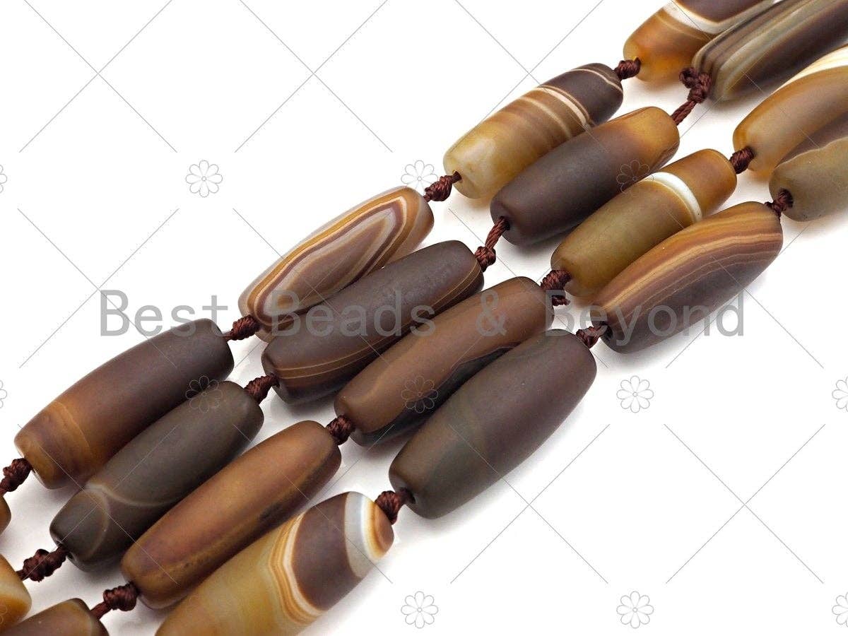Natural Brown Matt Agate Barrel Spacer Beads, Matt Agate Spacer Beads, Tibetan Dzi Beads, 14x40mm, Sku#U1038
