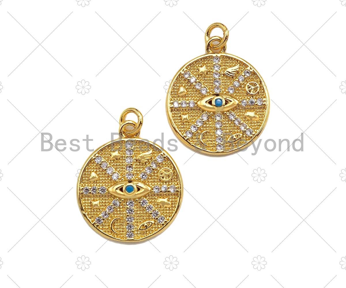 18K Gold Evil Eye Round Coin Charms, Gold Evil Eye Charm, Protection Charm, Medallion Charm, Elephant medallion,15mm, Sku#LK188