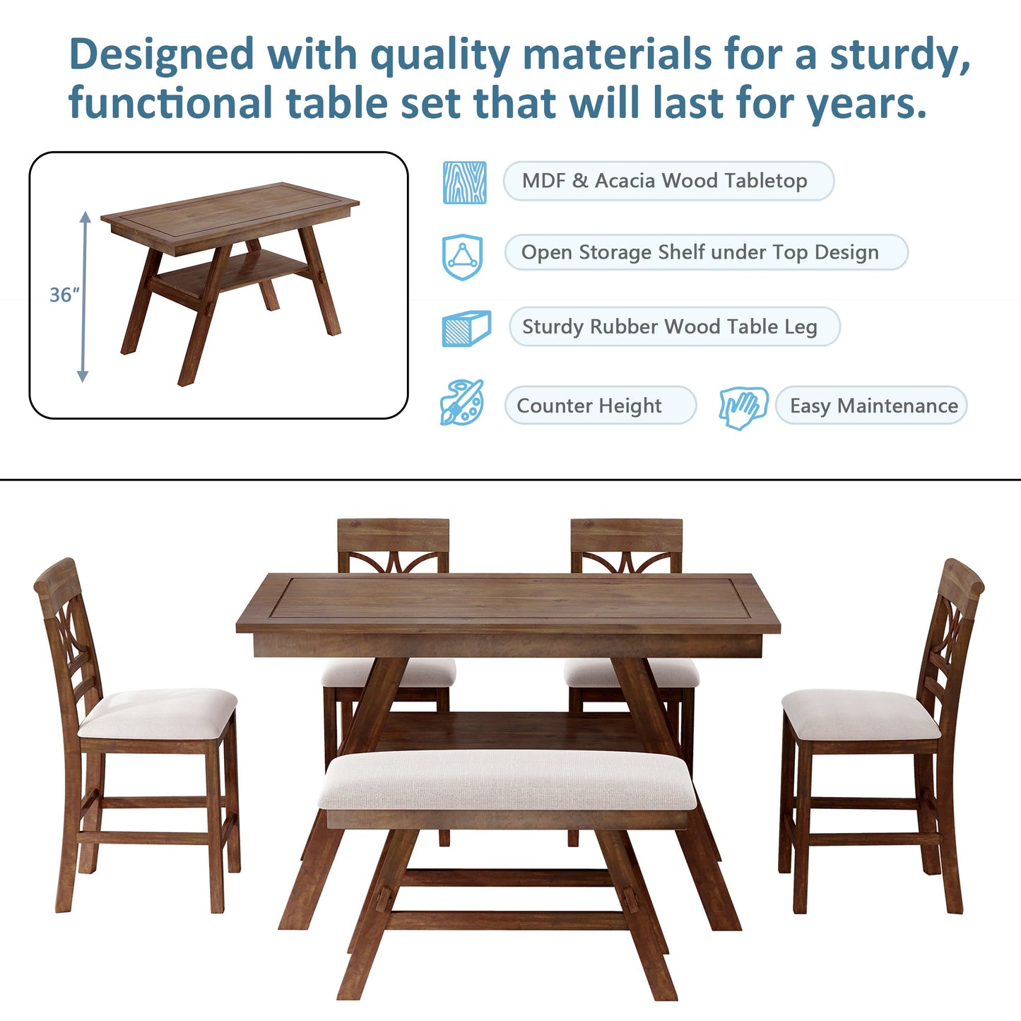 TOPMAX 6-Piece Wood Counter Height Dining Table Set