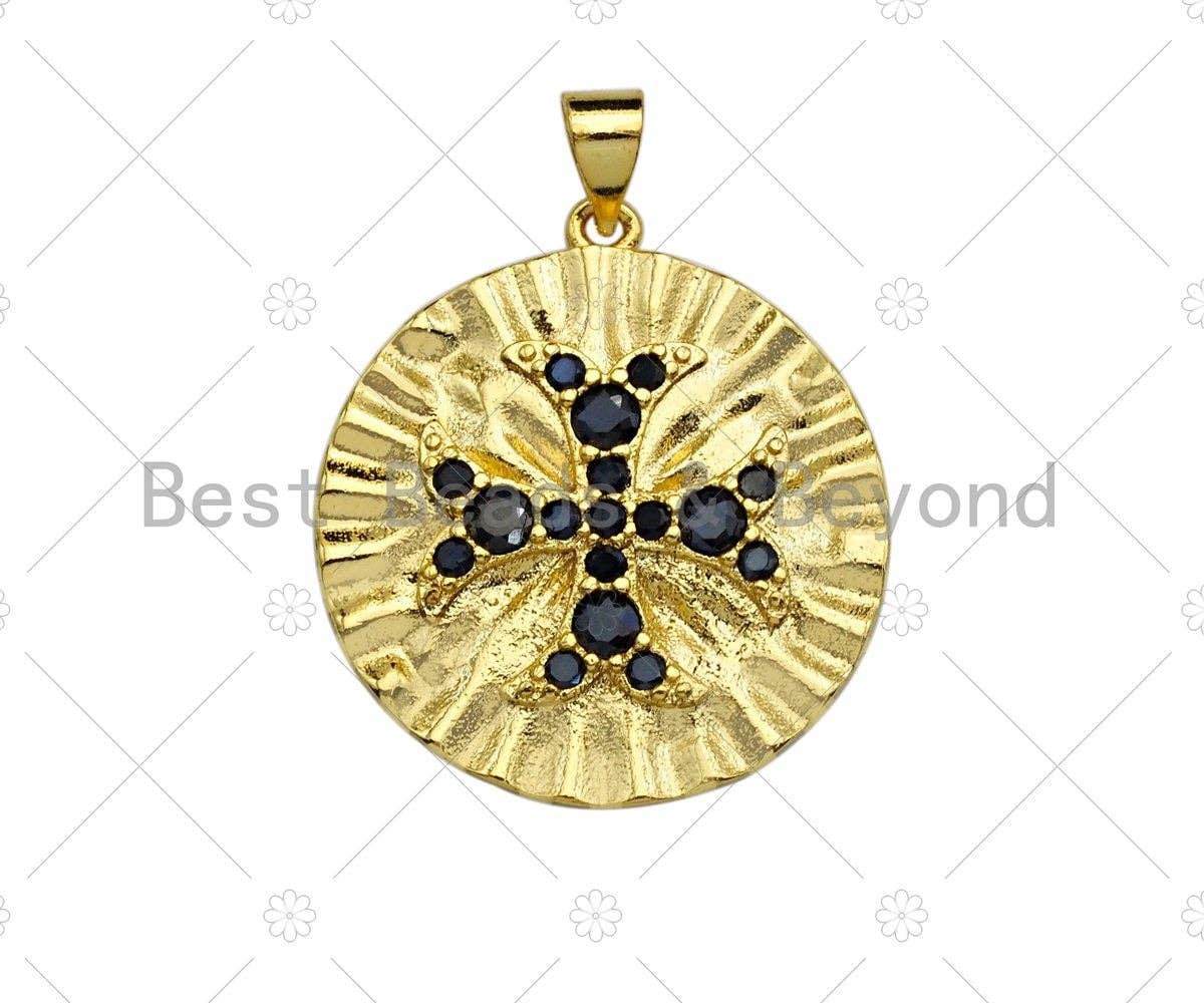18K Gold Black CZ Cross On Round Coin Shape Pendant, Gold Coin Charm, Cross Pave Pendant, Men's Jewerly Findings, 25mm, Sku#LK61