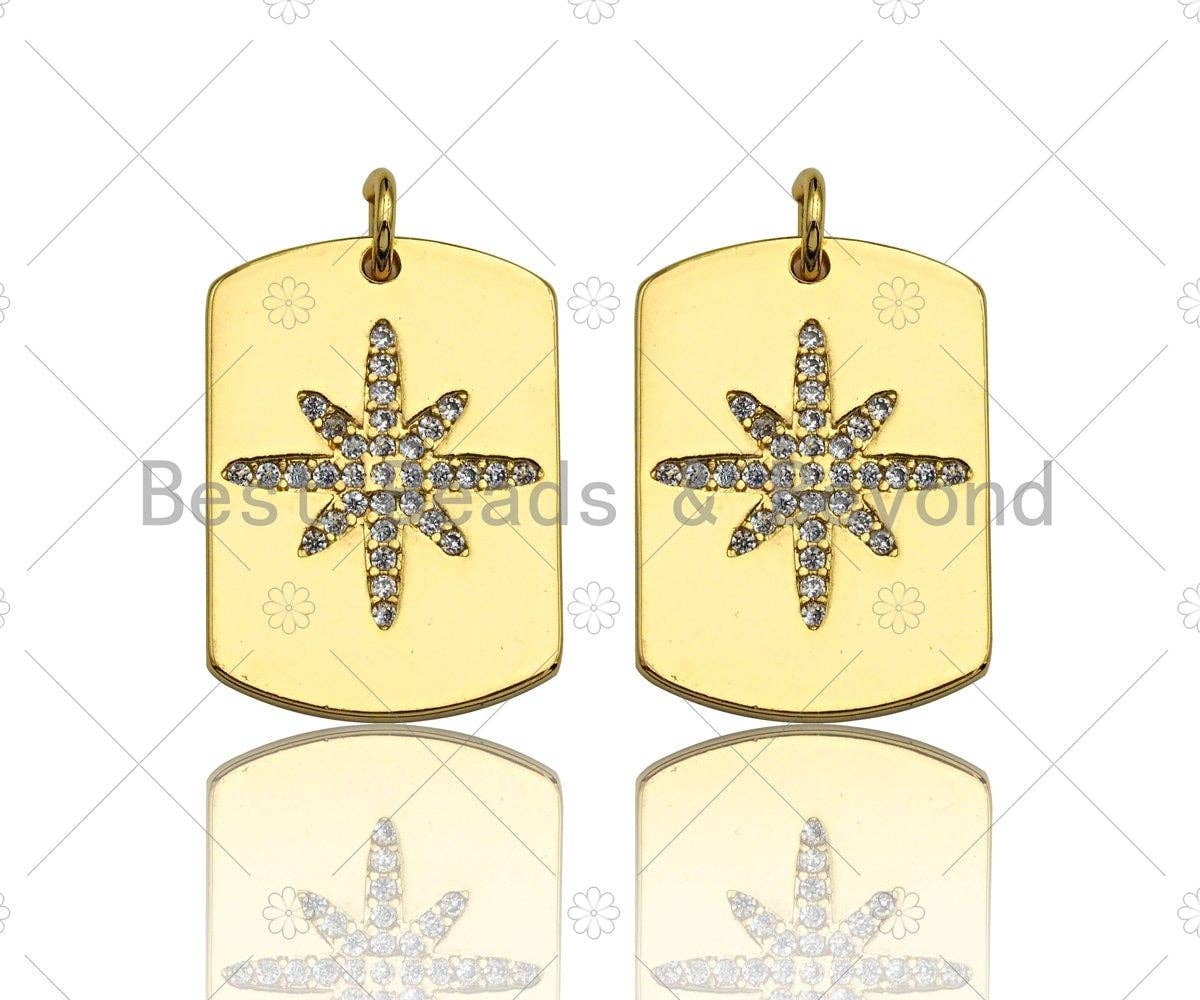 18k Shiny Gold Star On Rectangle Charms, Dog Tag Charms, Flower Pendant, Gold Pendant, Rectangle Necklace Charms, 15x21mm, Sku#Z1172