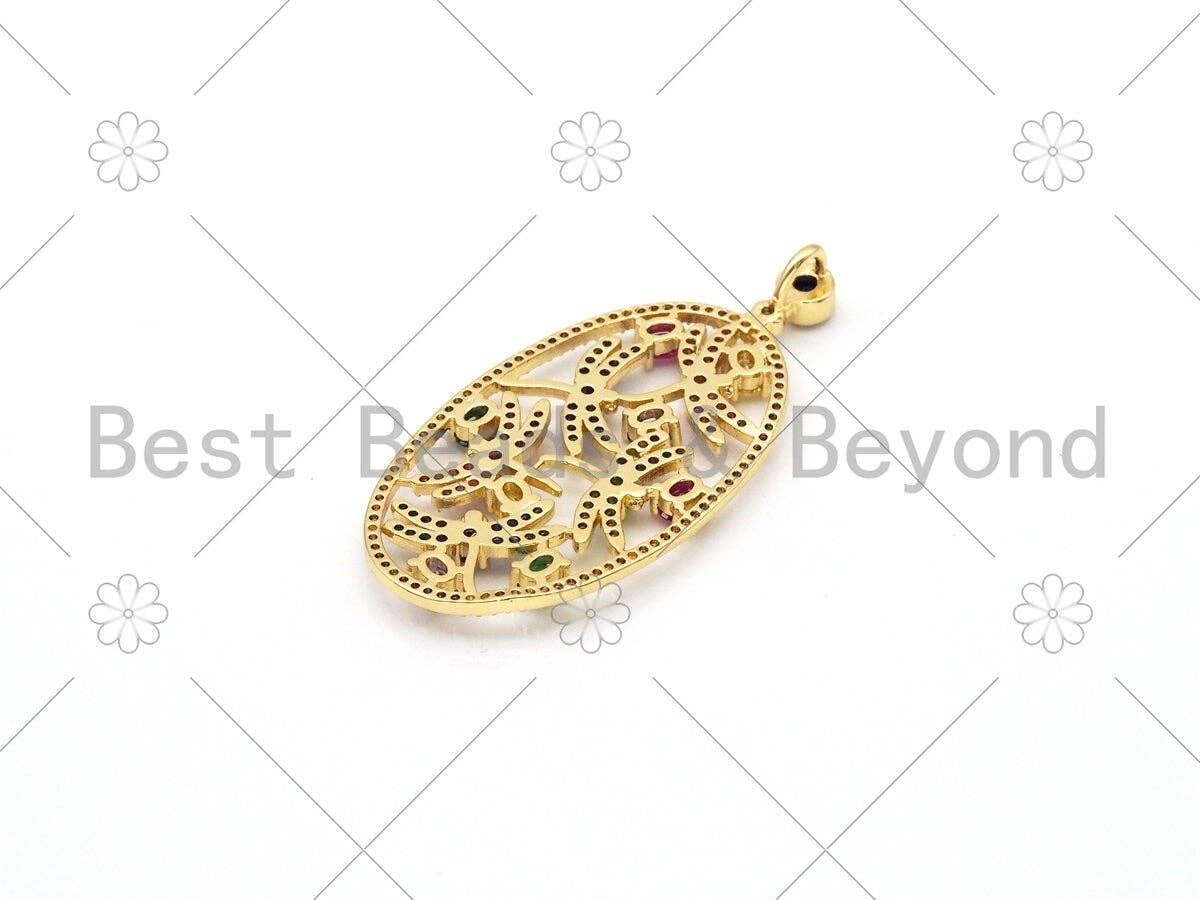 Colorful CZ Micro Pave Dragonfly On Oval Frame Shape Pendant/Charm, 18K Gold Filled Charm, Necklace Bracelet Pendant, 50x24mm,Sku#LK408