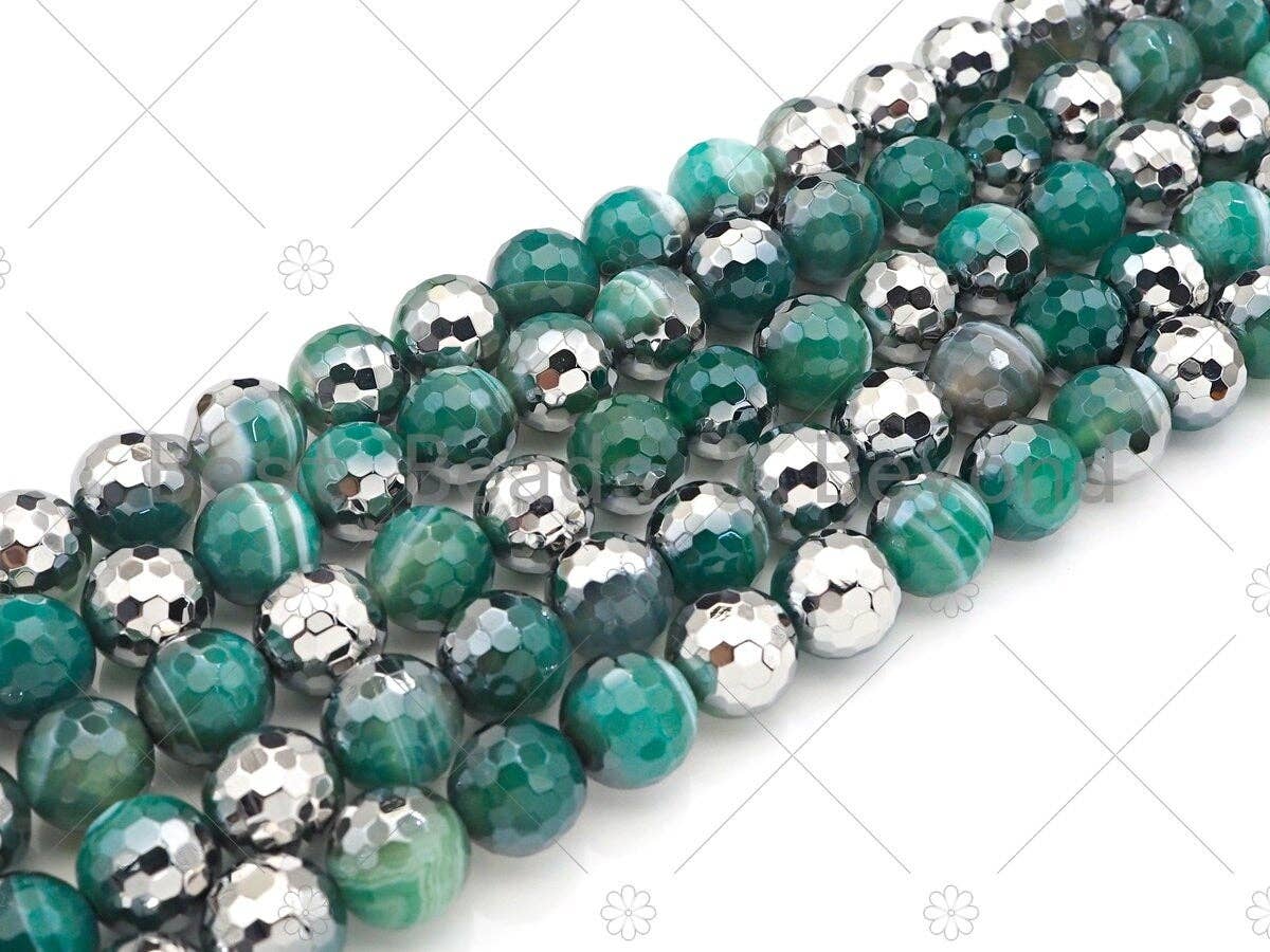 Natural Half Silver Plated Green Agate Beads, 8mm/10mm/12mm Round Faceted Blue Agate Beads, 15.5 Full Strand, sku# UA125