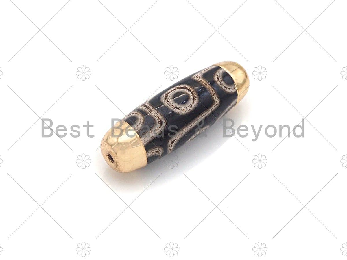 16x39mm Large Natural Tibetan Agate with Gold Finish Barrel Shape Spacer Beads, Oval Tibetan Agate Beads, sku#U947