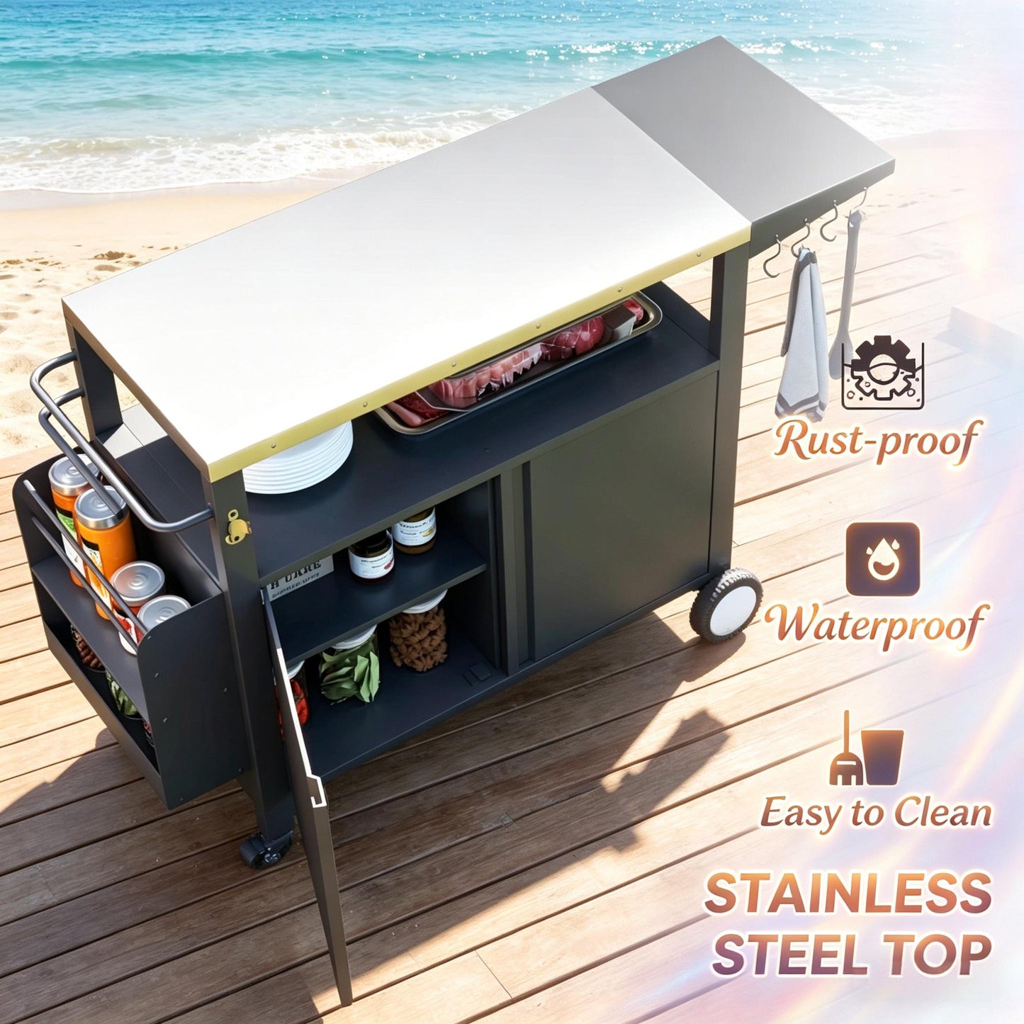 Convenient Kitchen Island & Movable Grill Cart Table