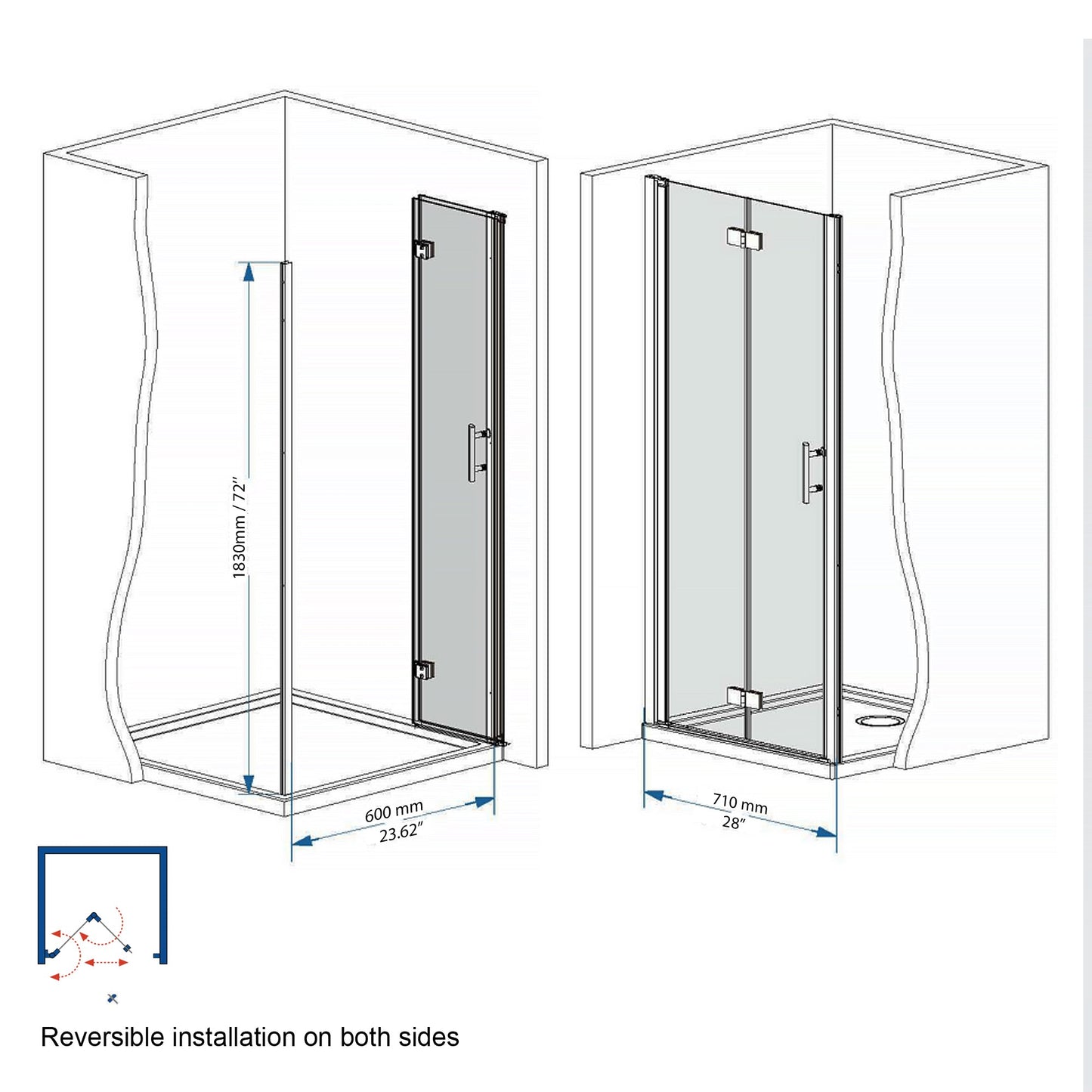 29-28"x 72" Bifold Shower Door, 1/4" Tempered Glass