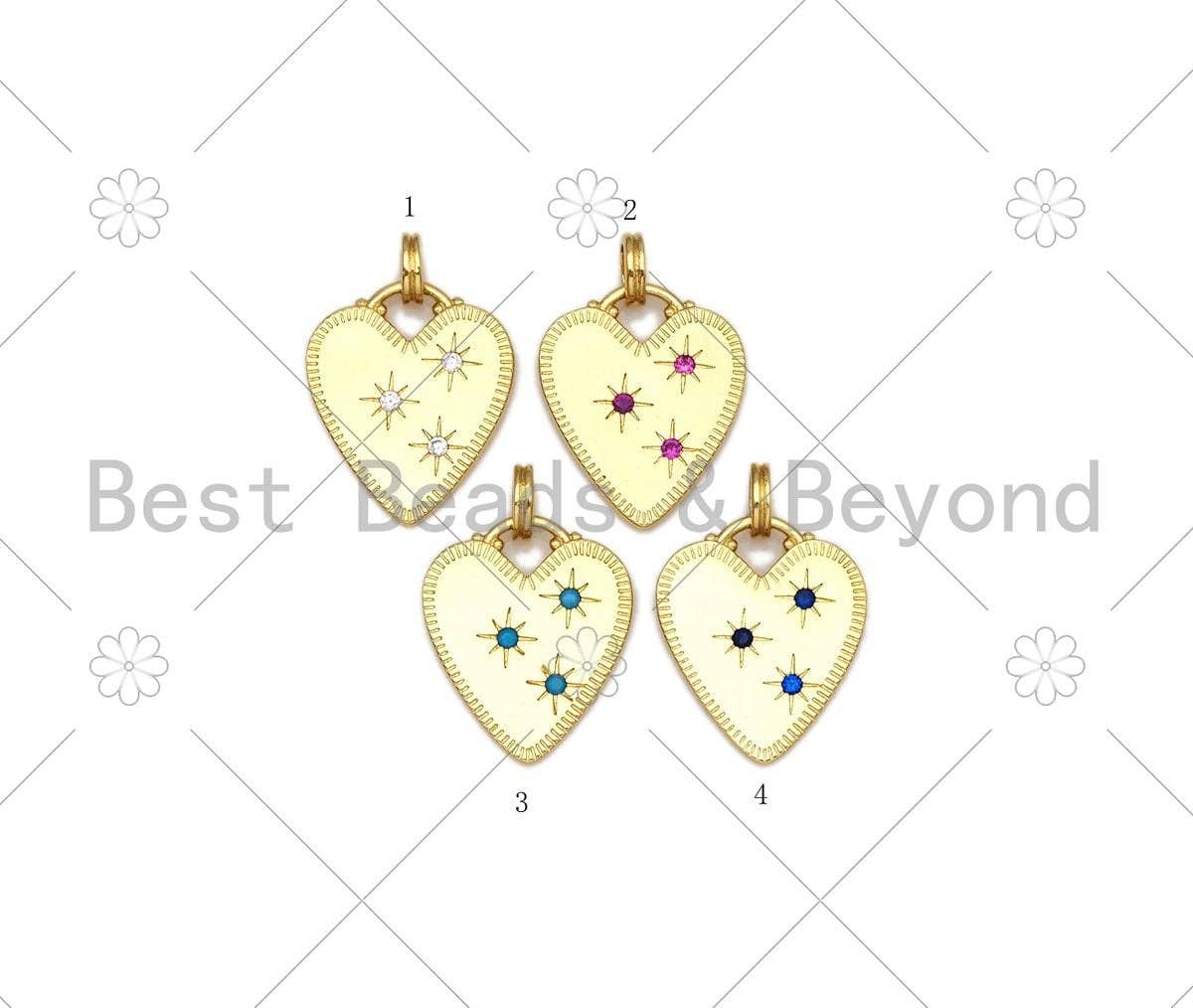 Clear/Fuchsia/Turquoise/Cobalt CZ Micro Pave North Star On Heart Shape Pendant,18K Gold Filled Heart Charm,15x18mm, Sku#ML52