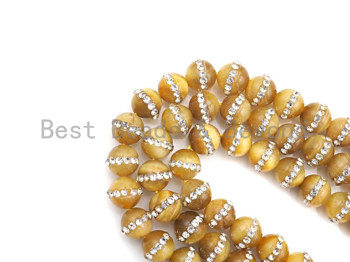 High Quality Golden Tiger Eye with Rhinestone Inlaid, 6mm/8mm/10mm/12mm Rpund Tiger eye Beads, 15.5'' Full Strand, SKU#V54