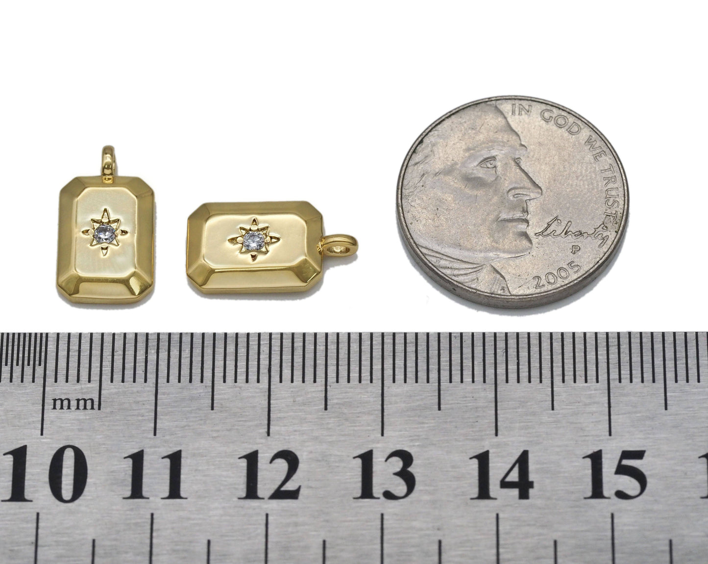 Gold CZ North Star On Rectangle Charm, Sku#Y749