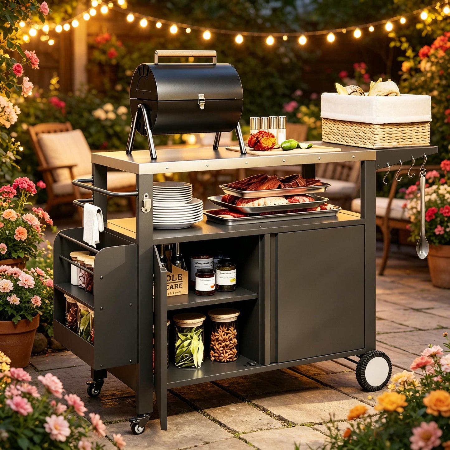 Convenient Kitchen Island & Movable Grill Cart Table