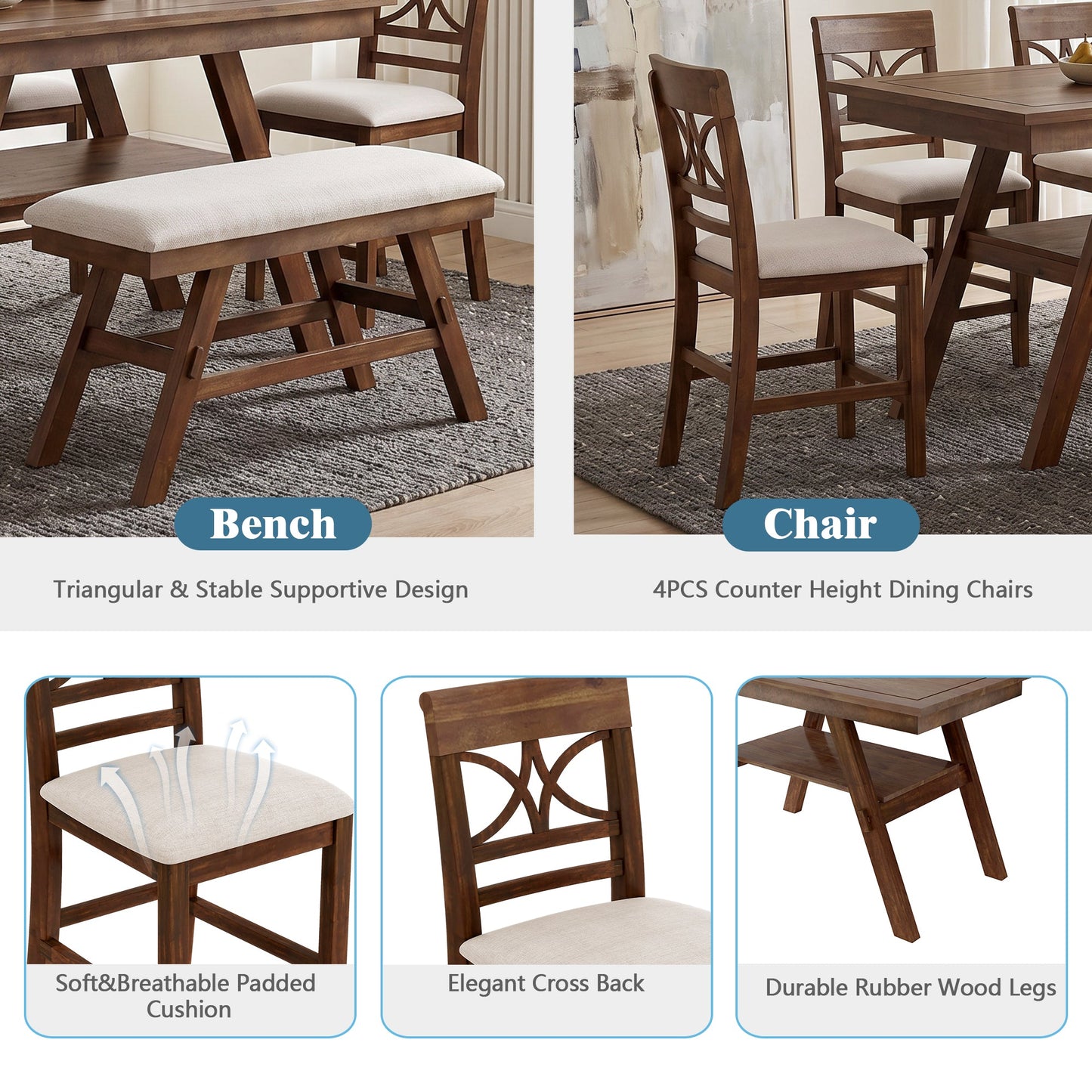 TOPMAX 6-Piece Wood Counter Height Dining Table Set