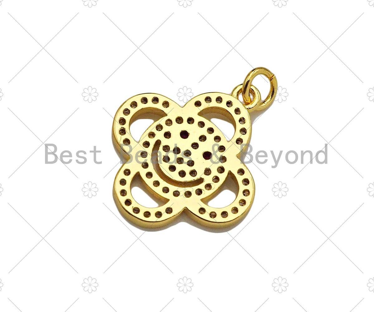 CZ Micro Pave Smiley Face with Fuchsia Eye On Clover Shape Pendant, 18K Gold Charm, Necklace Bracelet Charm Pendant,18x21mm,Sku#LK306