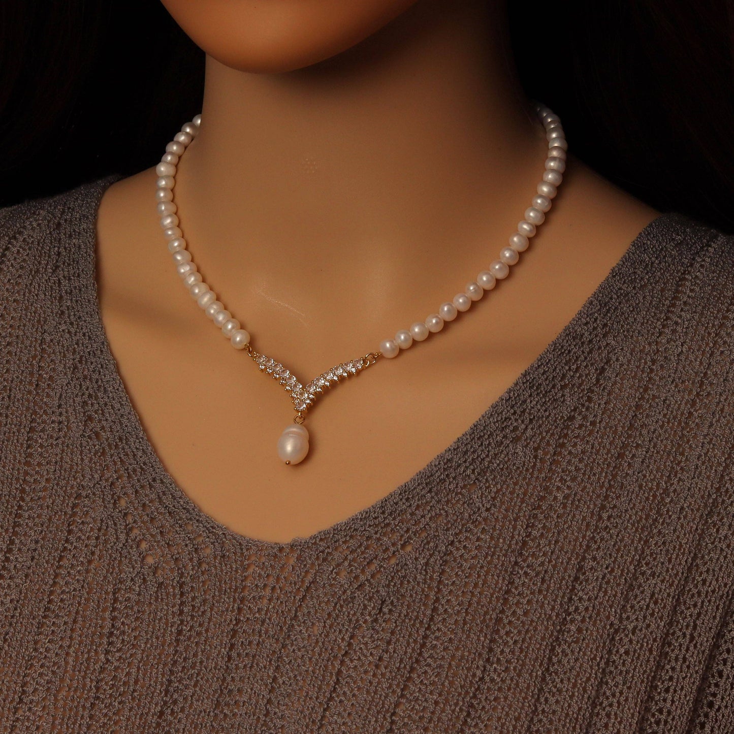 Freshwater Pearl with chevron point Necklace, sku# EF561