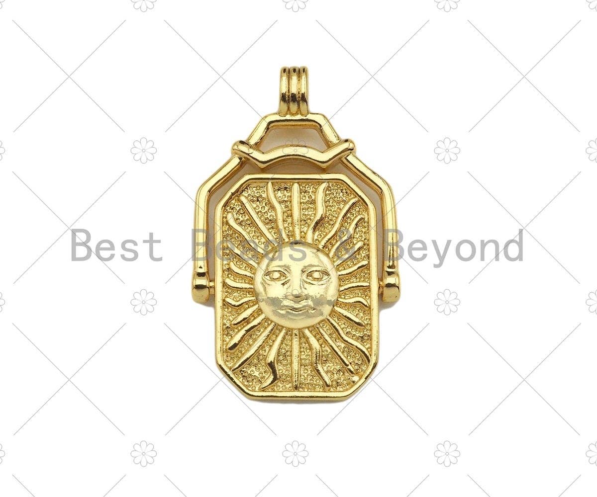 18K Gold Sun Face Cresent Moon Medallion Pendant/Charm,Two Sided Rotating Charm, 22x36mm,Sku#LK249
