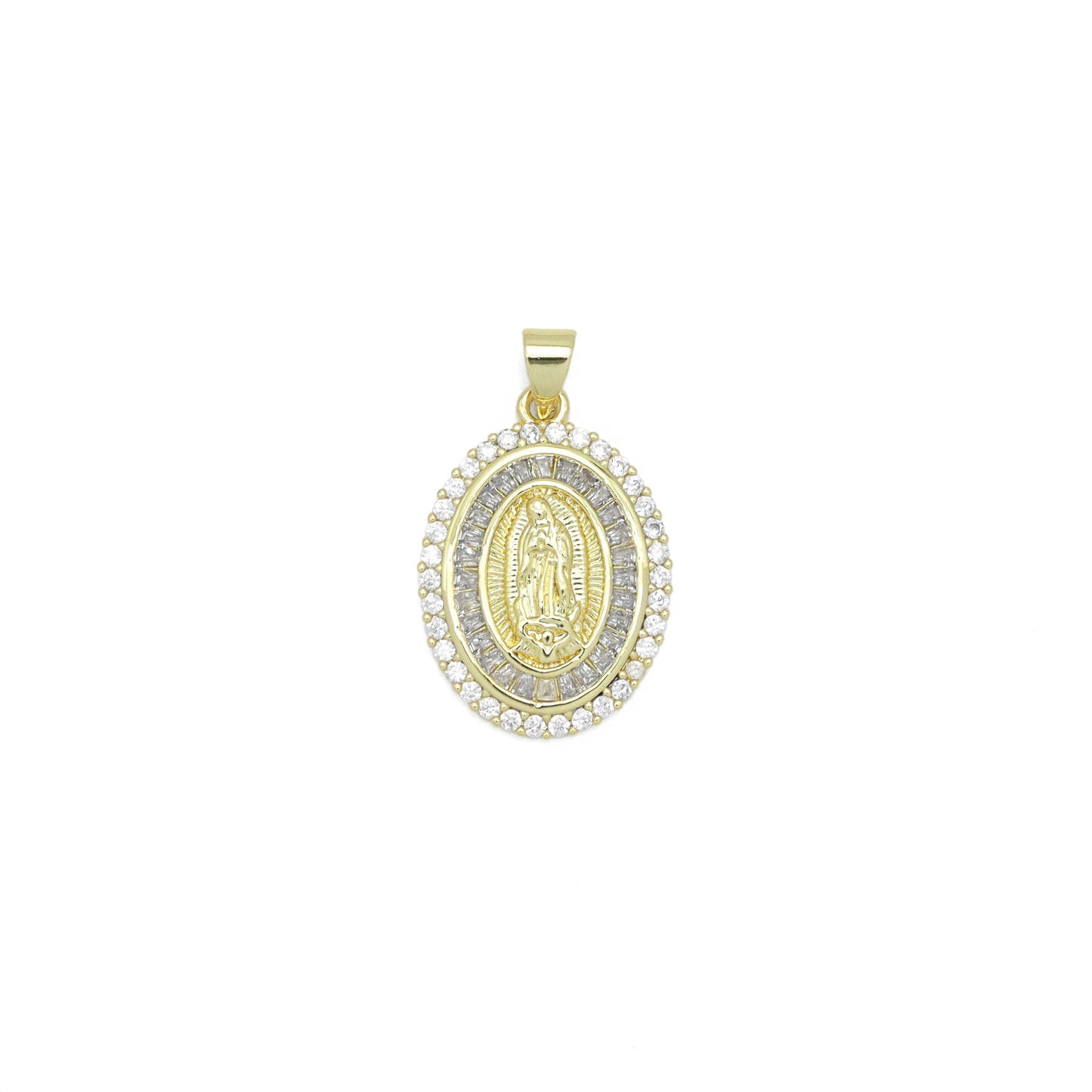 Clear Baguette CZ Gold Virgin Mary On Oval Charm Pendant, Sku#LX776