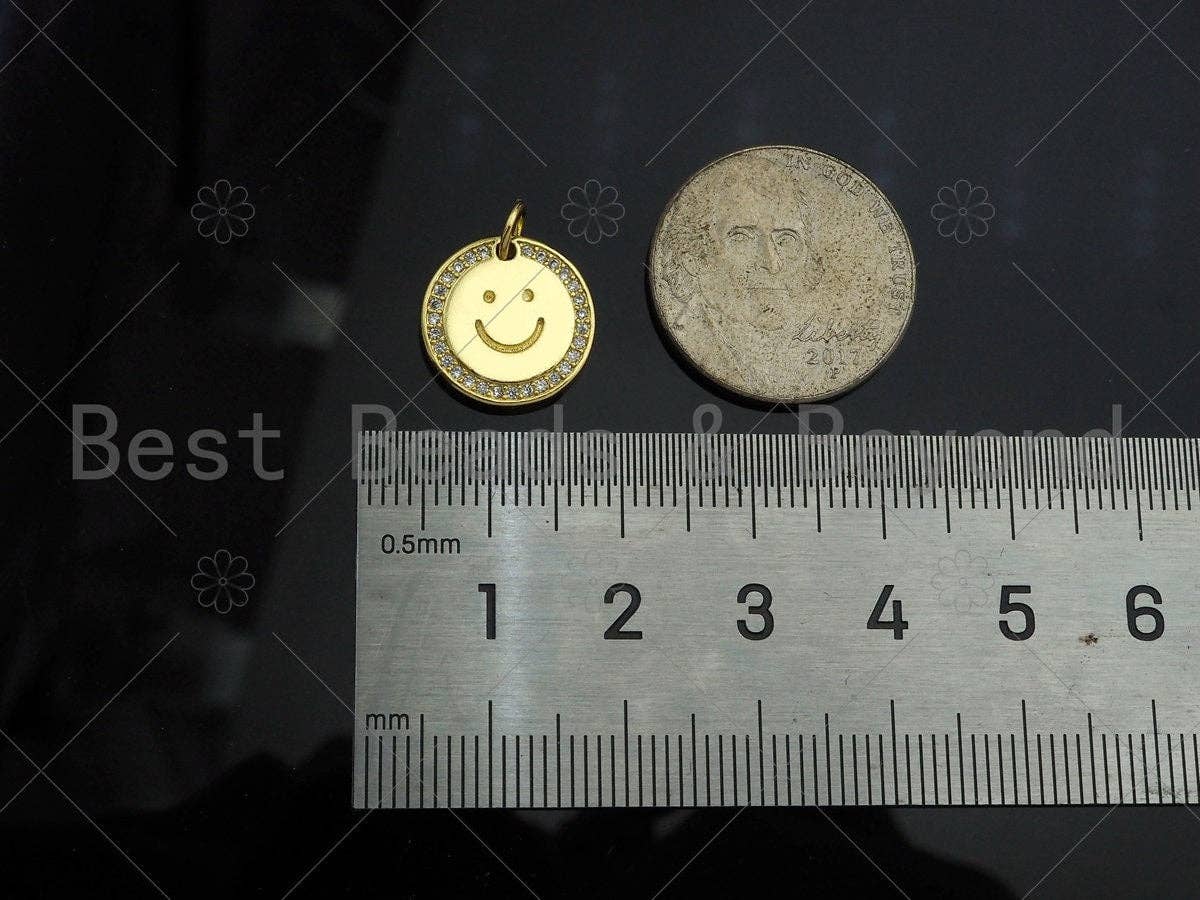 Gold Filled CZ Micro Pave Smiley Face On Round Coin Shape Pendant,18K Gold Filled Smiley Face Charm, Necklace Bracelet Charm,13mm,Sku#LK324