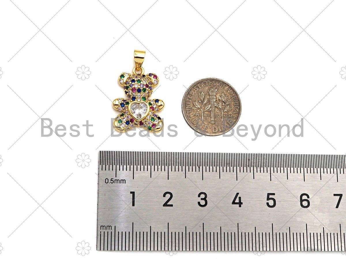 CZ Micro Pave Colorful Heart On Teddy Bear Pendant/Charm, Colorful Cubic Zirconia Charm, Necklace Bracelet Charm Pendant,20x15mm, Sku#LK216