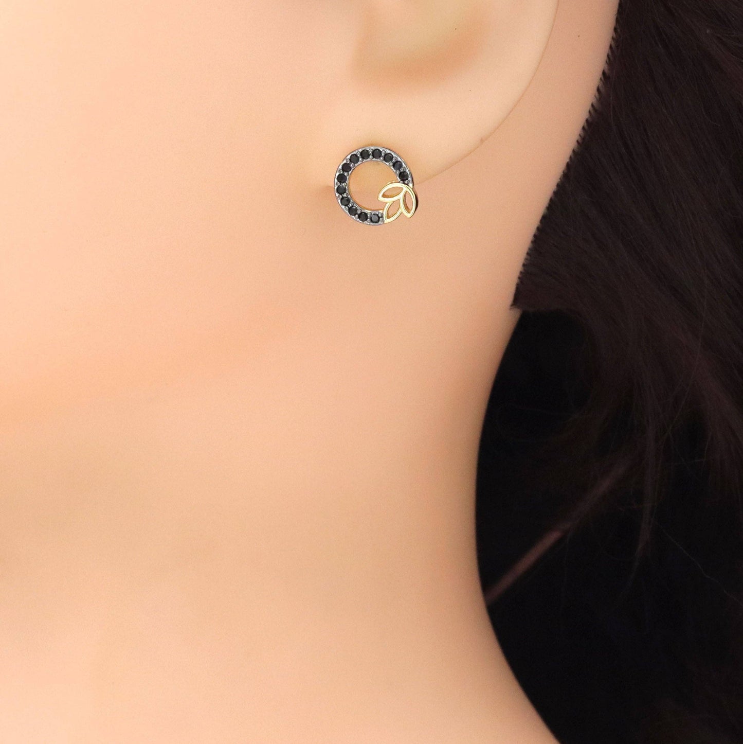 Black CZ Gold Leaf Circle Stud Earrings, Sku#LK1000