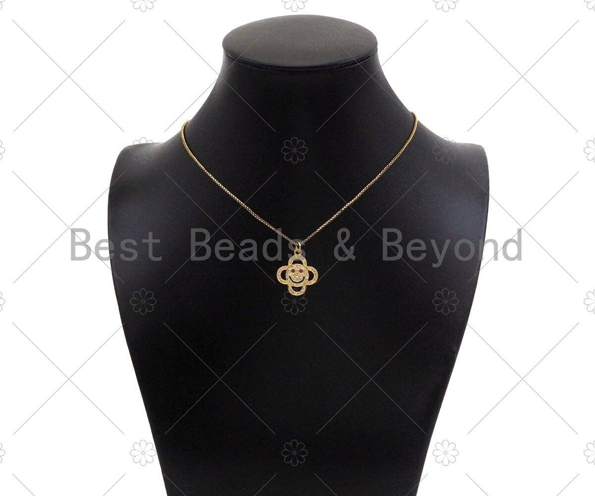 CZ Micro Pave Smiley Face with Fuchsia Eye On Clover Shape Pendant, 18K Gold Charm, Necklace Bracelet Charm Pendant,18x21mm,Sku#LK306