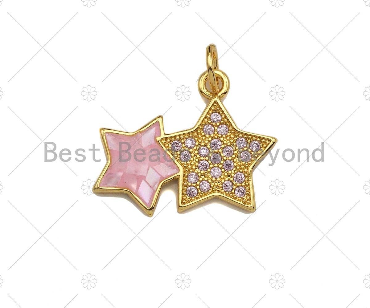 Two Star Pink Pendant/Charm, Pink Mother-of-pearl Star Pendant, Cubic Zirconia Pendant, Gold Tone, 18x15mm, Sku#LK68
