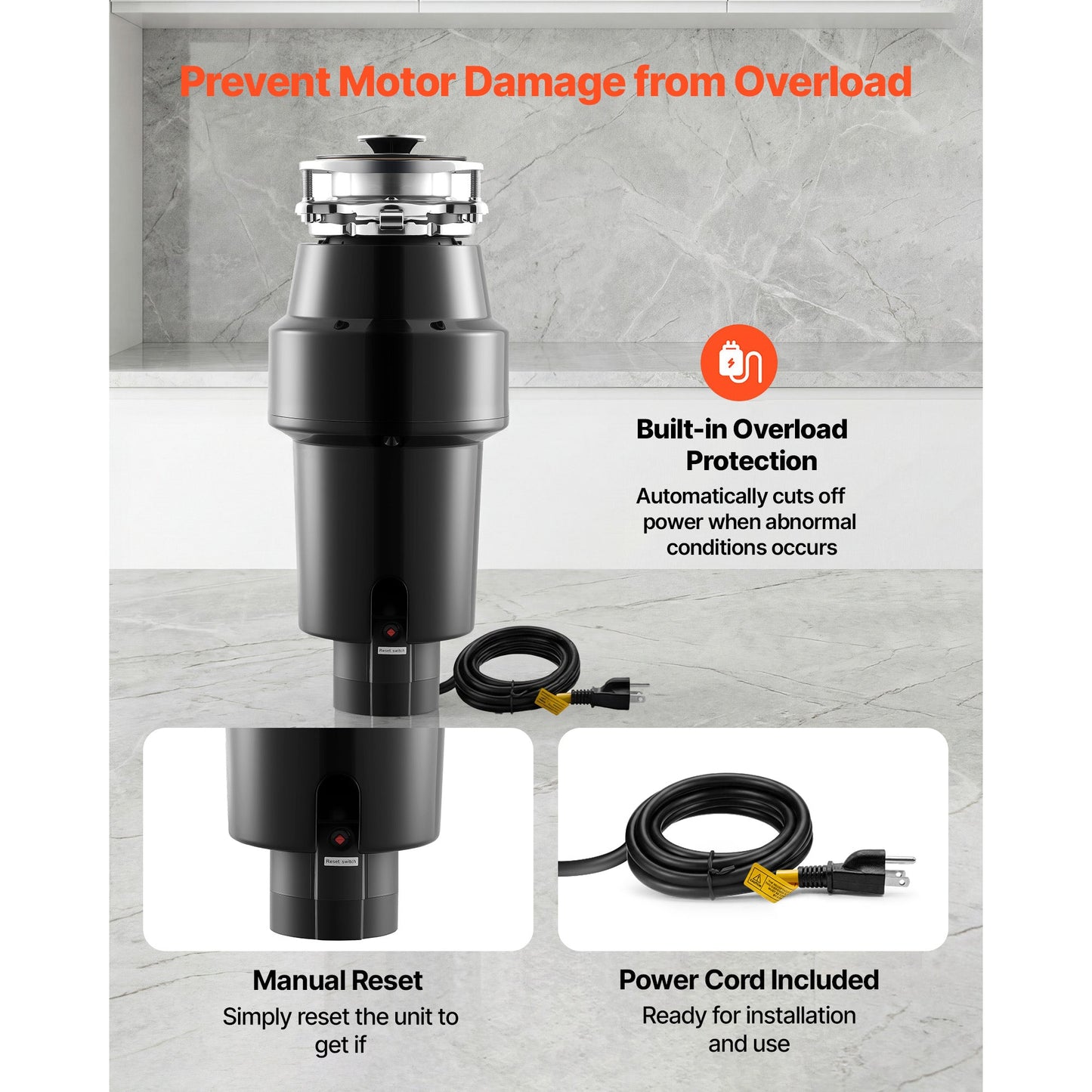 Food Waste Garbage Disposal, 1HP DC Motor