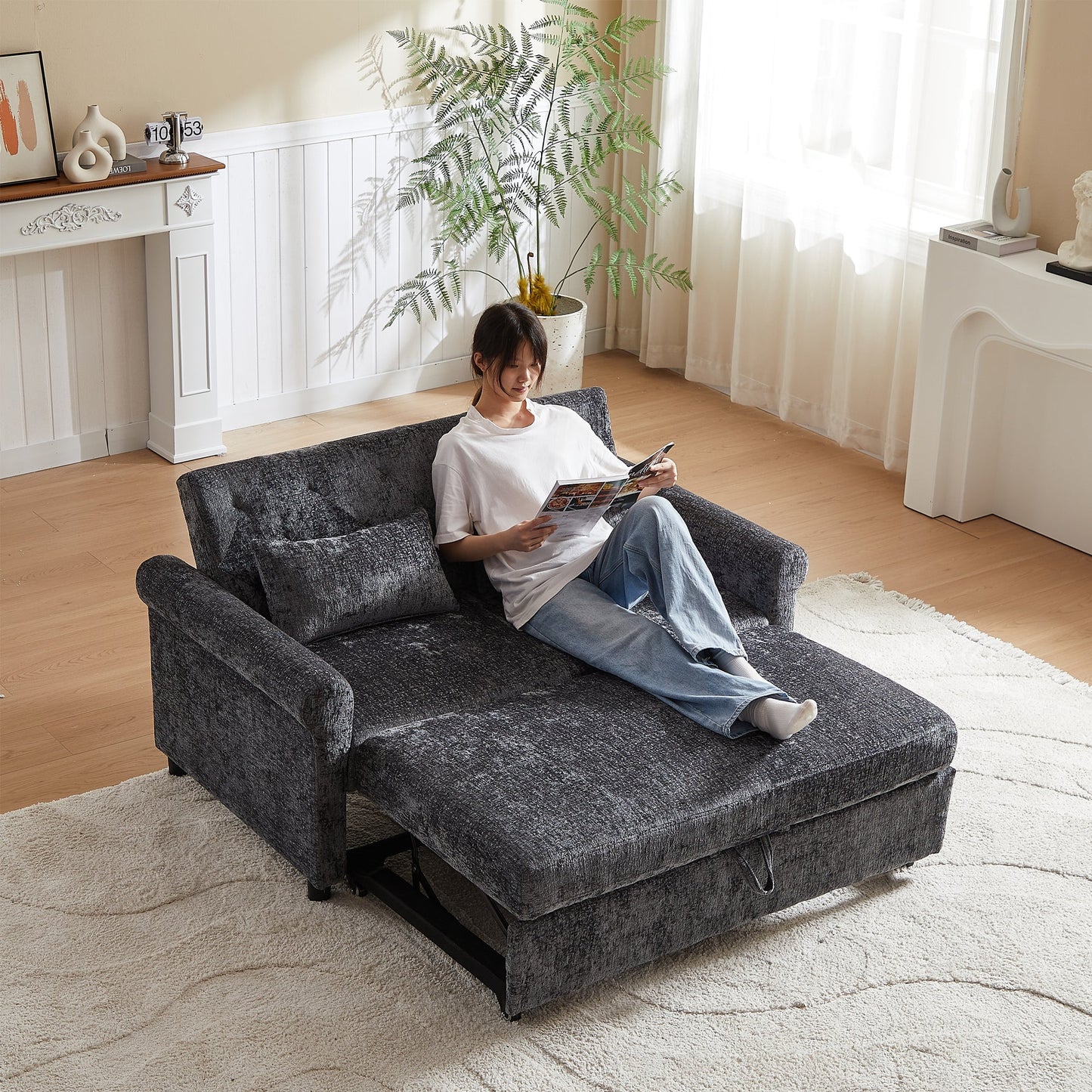 58.27 Inch Modern Chenille Fabric Sofa Bed