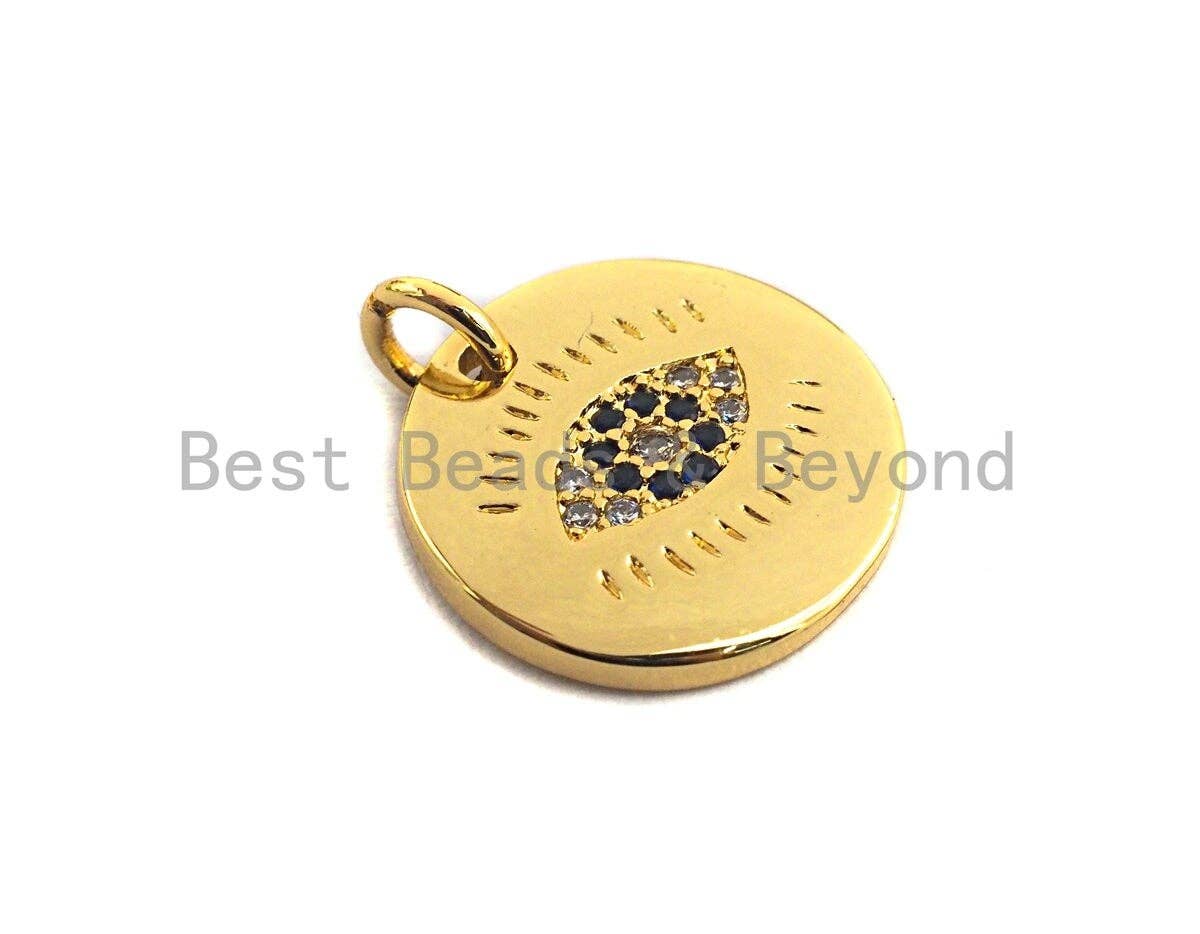 Cobalt CZ Micro Pave Round Evil Eye on Disc Pendant/Charm, Sku#Z417
