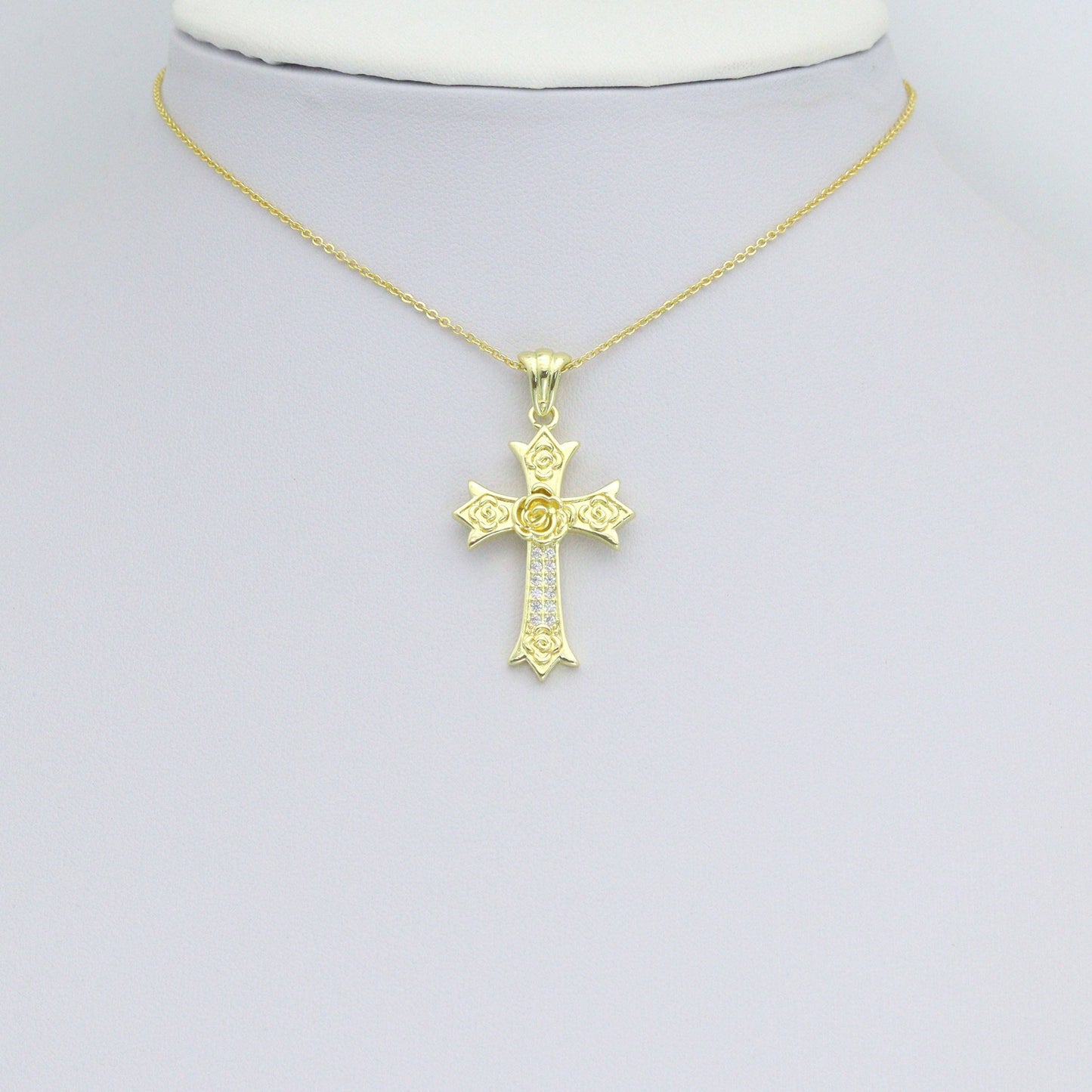 CZ Gold Flower On Cross Charm Pendant, Sku#LK1195