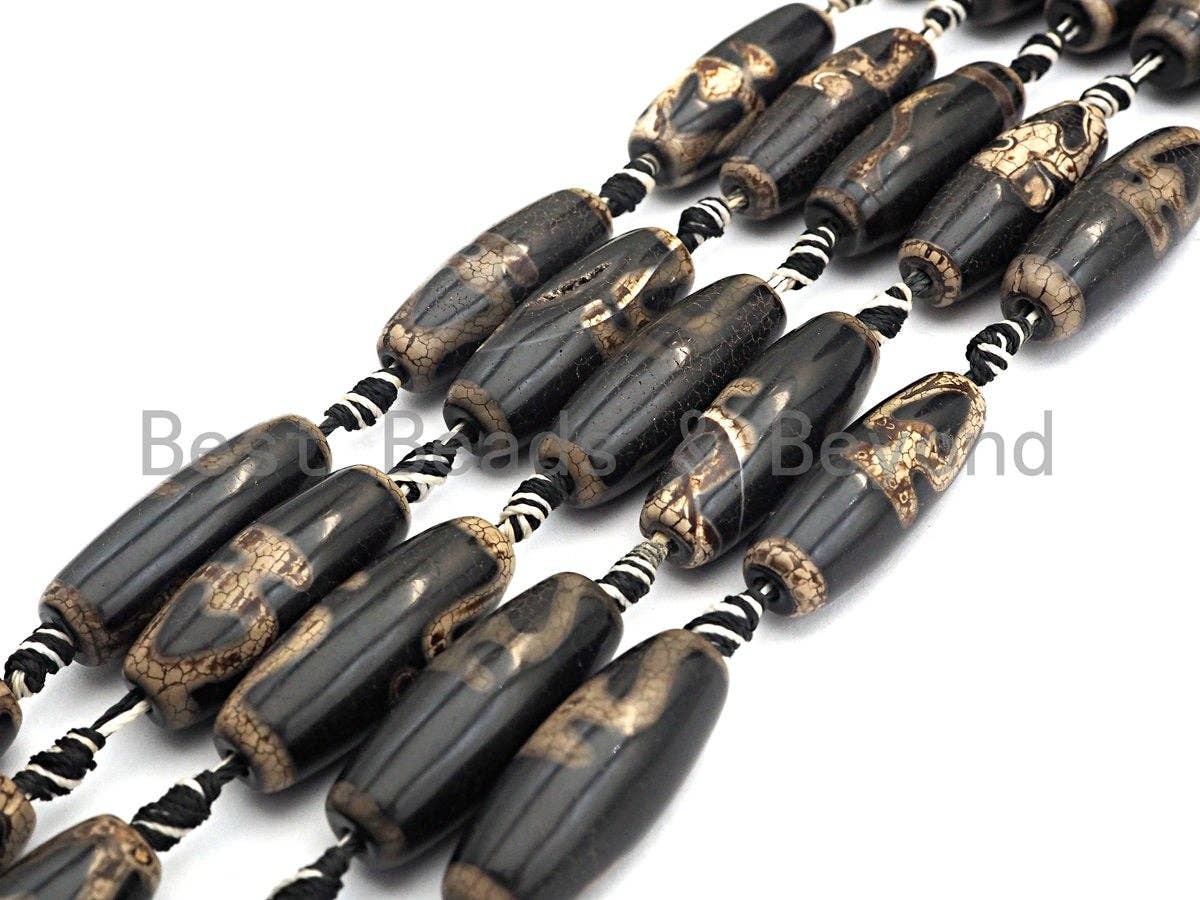 1pc/10pcs Natural Tibetan Agate Beads, Black with White heart Tibetan Long Oval Shape Beads, Dzi Agate Beads, 12x30mm, sku#U536