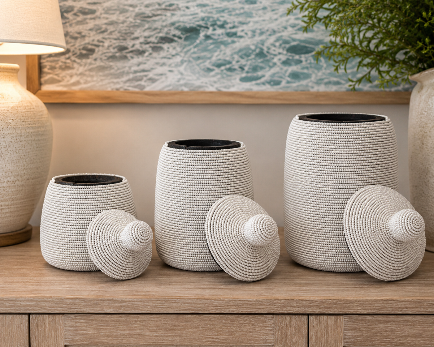 Beaded Wooden Jar Set/3 pcs