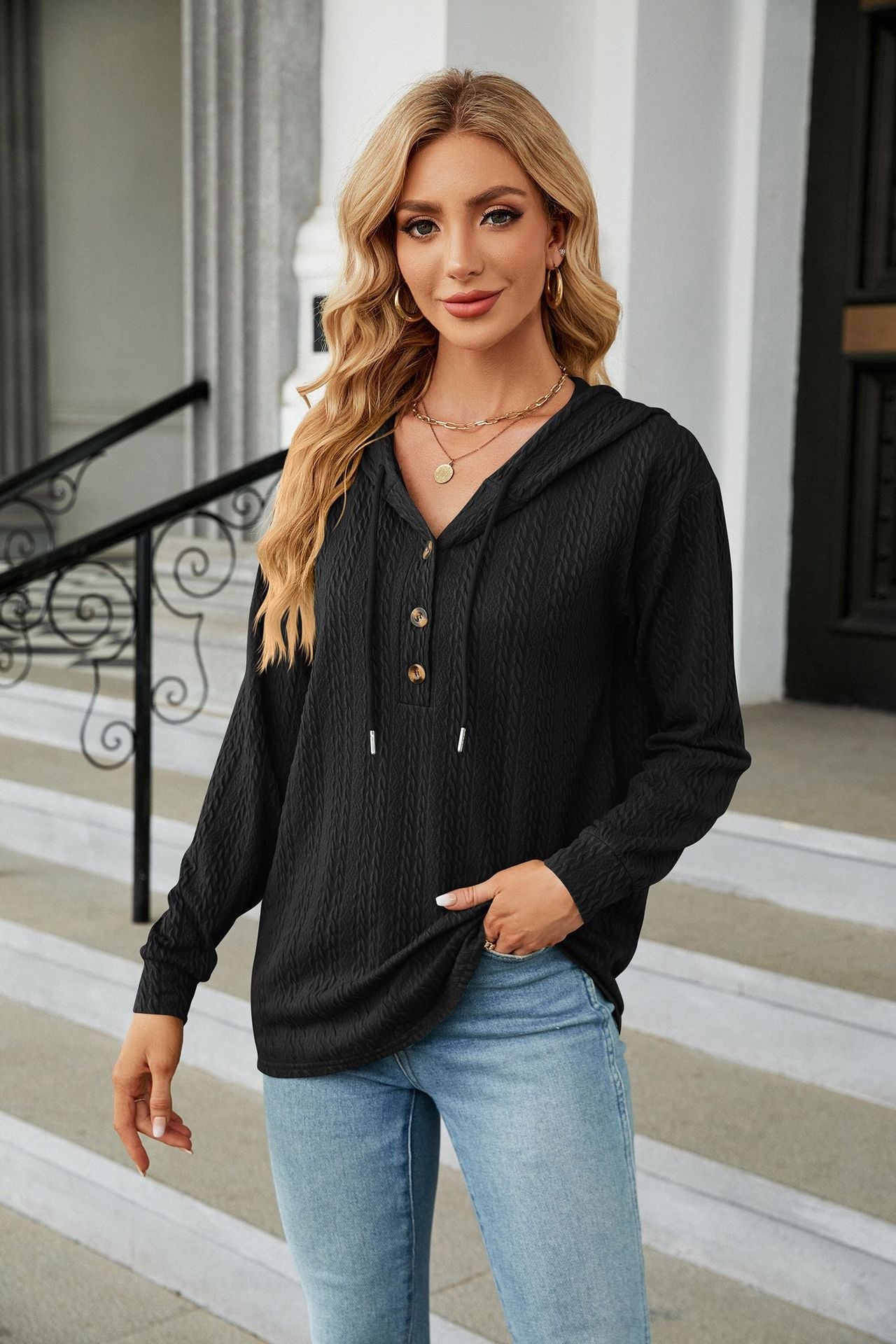 Cable-Knit Long Sleeve Hoodie