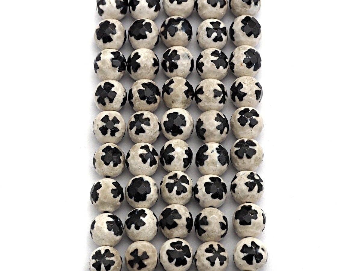 Quality Dzi Black White Aage with Flower Patten Beads, Round Faceted Tibetan Agate, 10mm beads, 15.5inch strand, SKU#U558