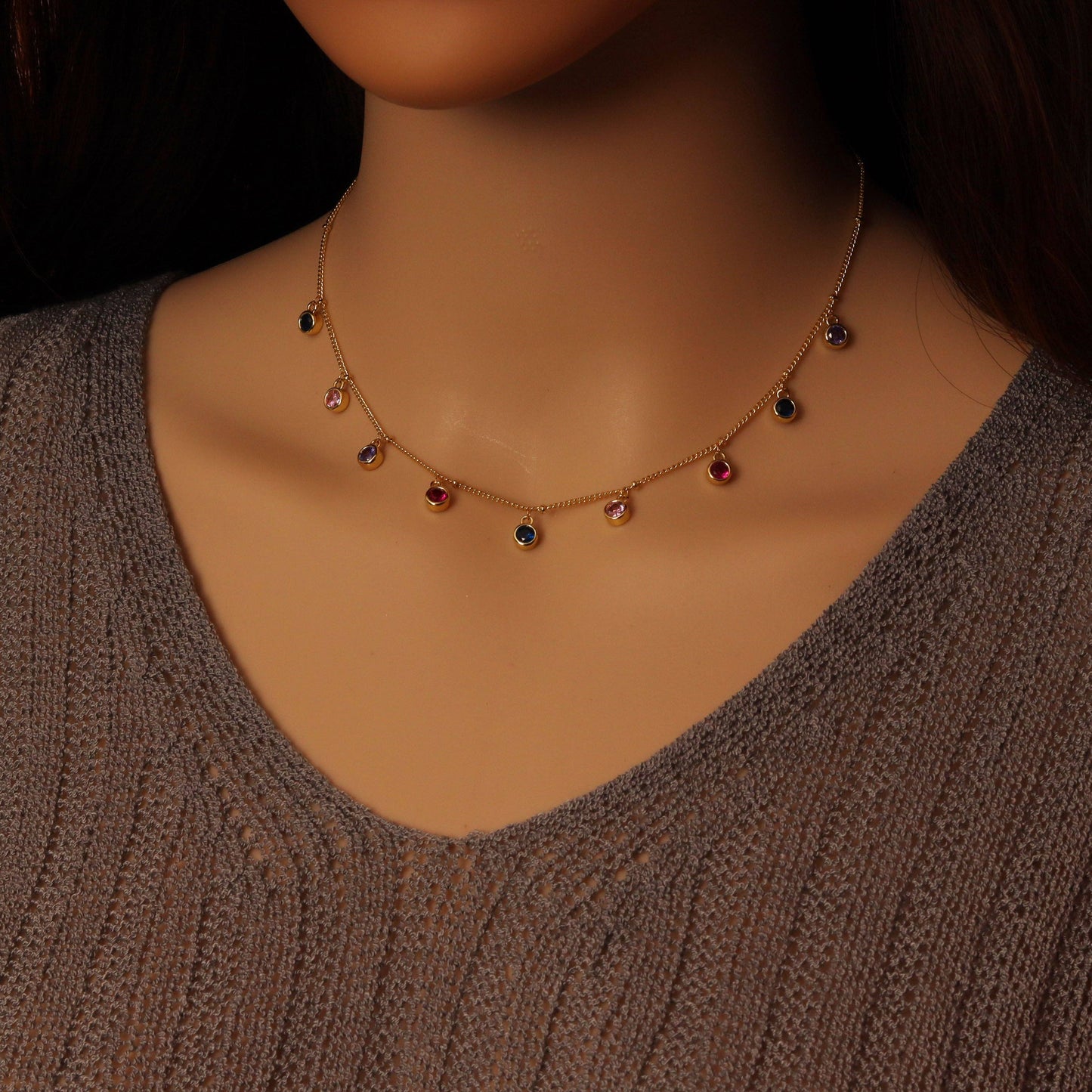 Colorful Round CZ Chain Adjustable Necklace, Sku#EF536
