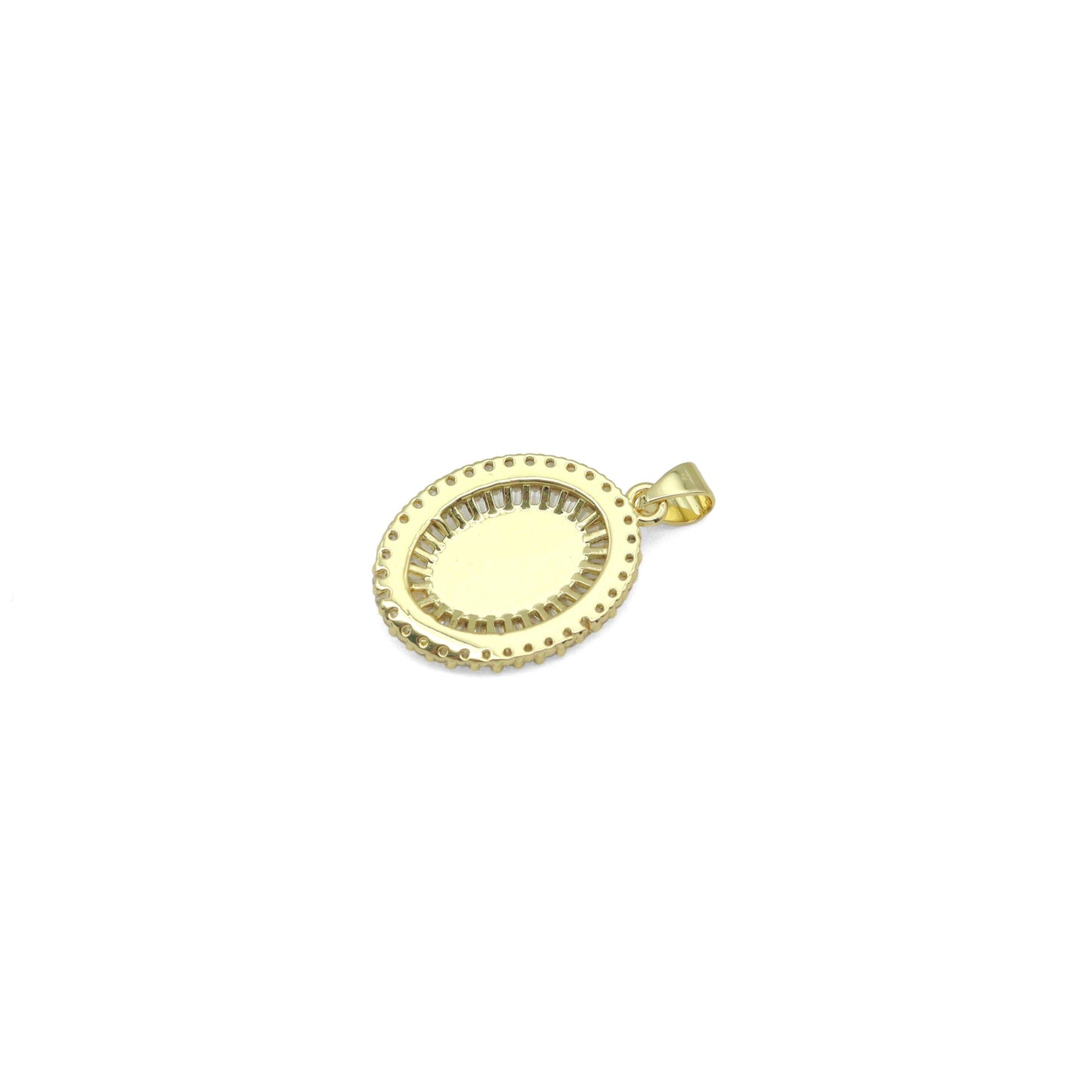 Clear Baguette CZ Gold Virgin Mary On Oval Charm Pendant, Sku#LX776
