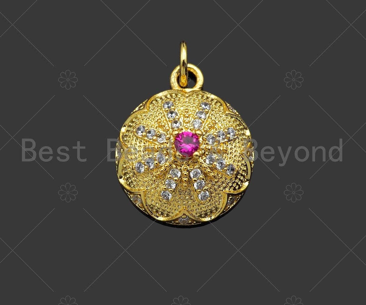 Gold Filled CZ Micro Pave Flower Pattern On Round Shape Pendant, 18K Gold Filled Fuchsia CZ Charm, Necklace Bracelet Pendant,mm,Sku#LK346