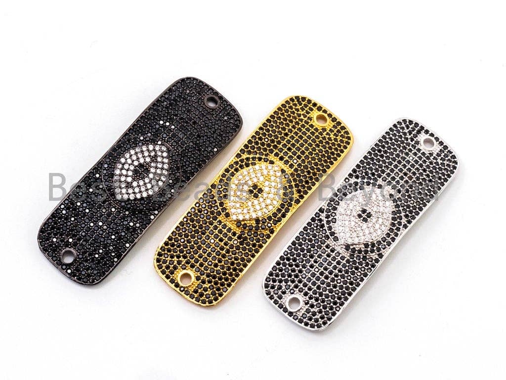 CZ Micro Pave Black Rectangle Evil Eye Bracelet/Necklace Connector, Cubic Zirconia Connectors, 17x51mm, sku#E374C