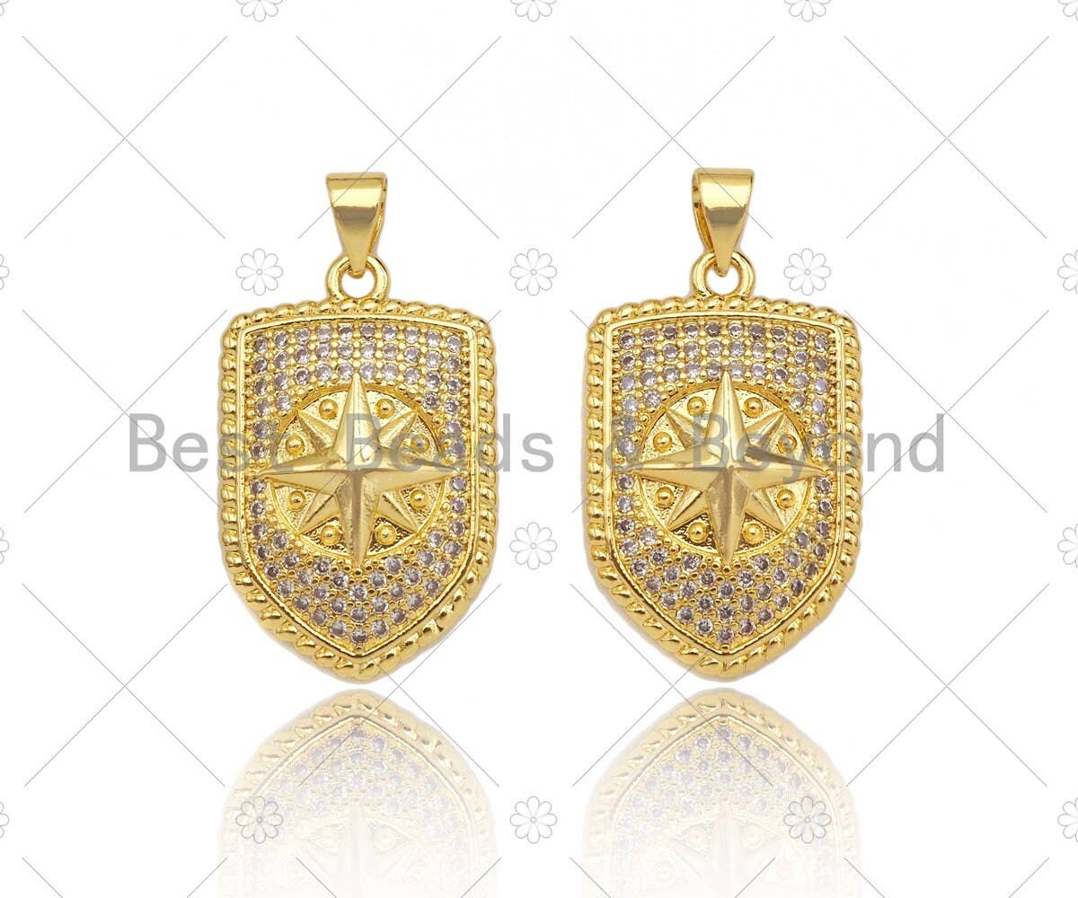 CZ Micro Pave North Star On Shield Pendant/Charm,Cubic Zirconia Star Charm, Necklace Bracelet Charm Pendant,16x25mm, Sku#LK190