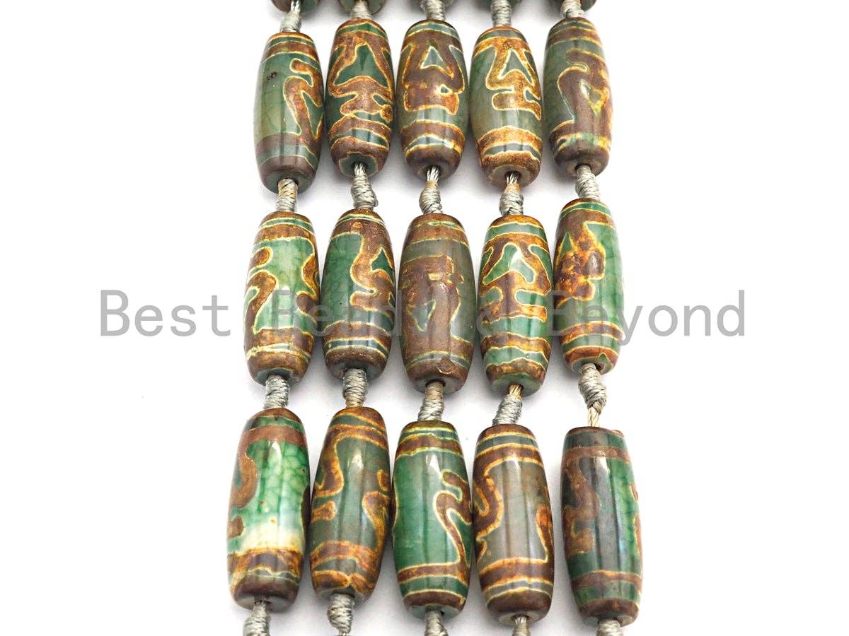 1pc/10pcs Natural Tibetan Agate Beads, Green Yellow Tibetan Long Oval Shape Beads, Dzi heart Agate Beads, 12x30mm, sku#U541