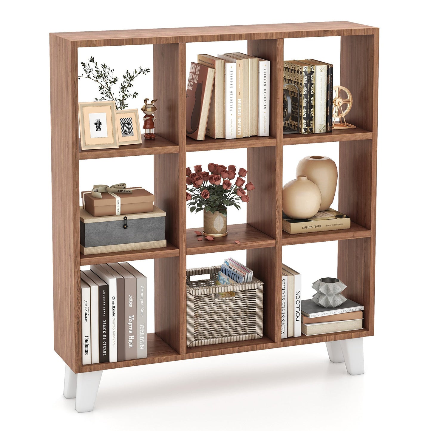 9-Cube Bookcase with 6 Removable Shelves and Raised Support Feet