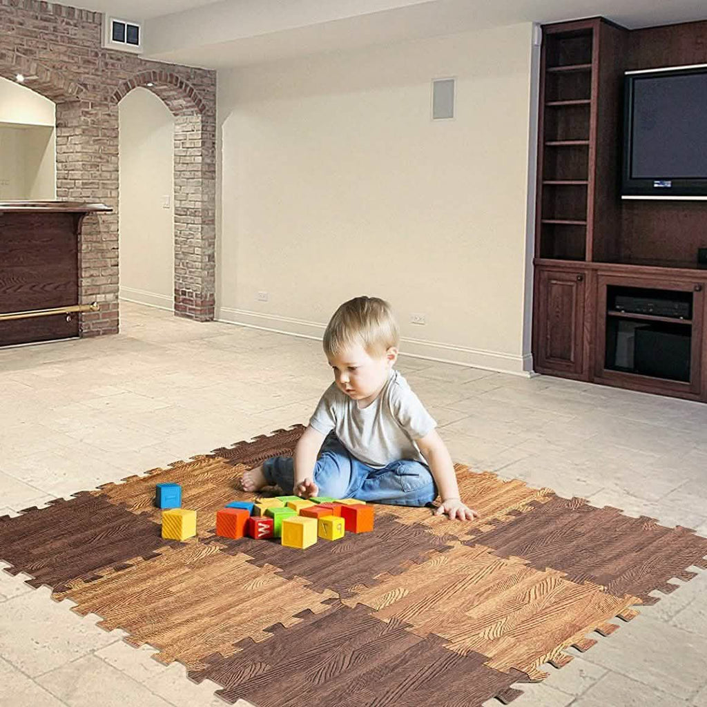 Ensemble de 9 pièces : Tapis de sol en mousse emboîtables motif grain de bois HemingWeigh