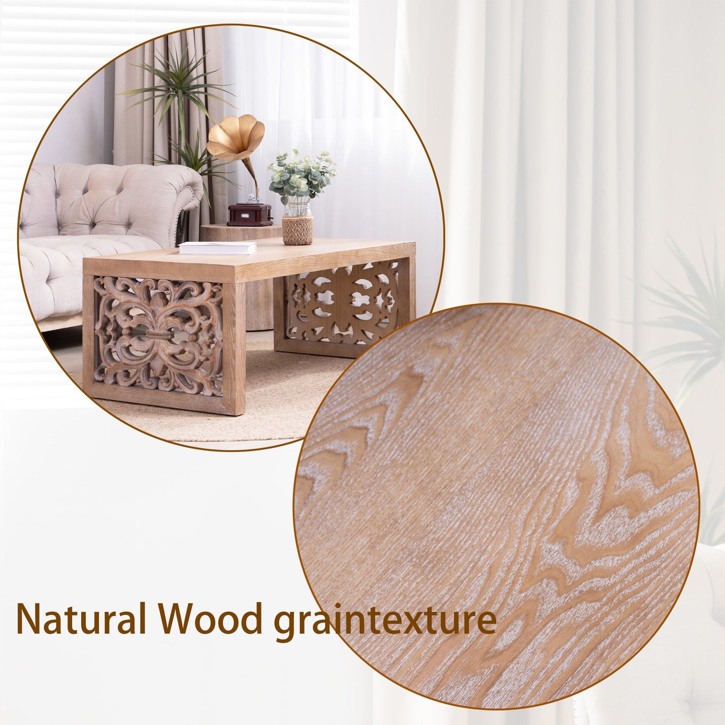 47.2" Rustic Carved Wood Coffee Table