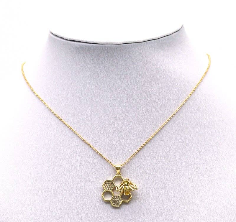 Gold CZ Bee on Honeycomb Charm, Sku#LK714