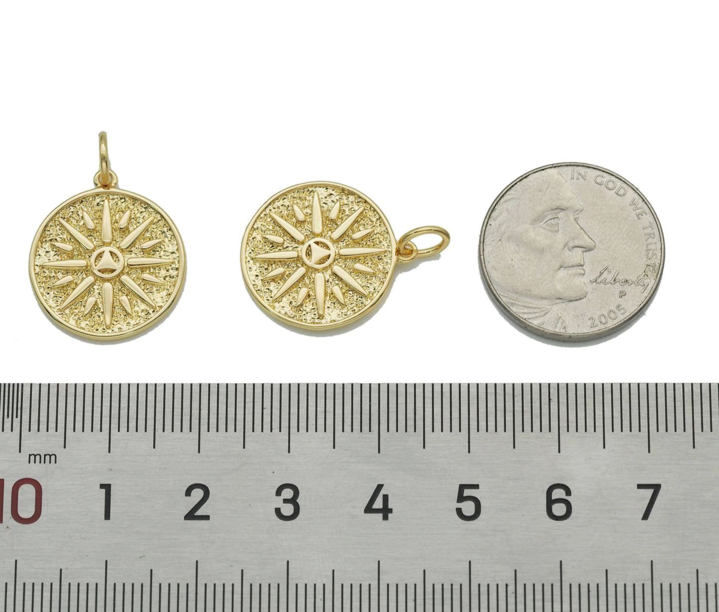 CZ Gold Flower Triangle Round Coin Charm, Sku#LX142