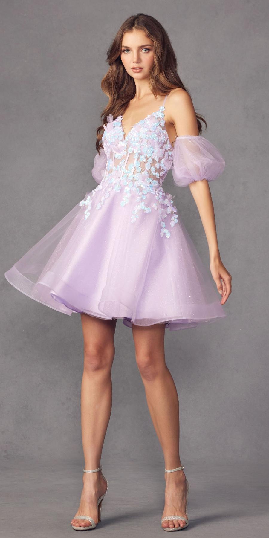 Juliet 901 Short Removable Puff Sleeves A-Line Glitter Tulle Dress