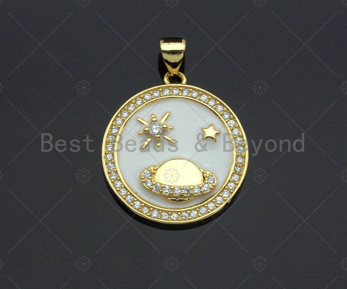 Enamel Earth Star On White Enamel charm, White Enamel Pendant, Enamel Round charm, Round Coin jewelery, 23mm,sku#LK57
