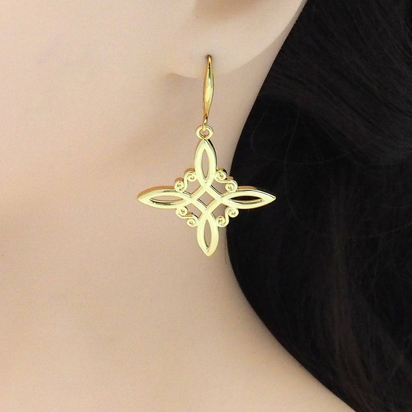 Gold Chinese Knot Filigree Dangle Earrings, Sku#EF346